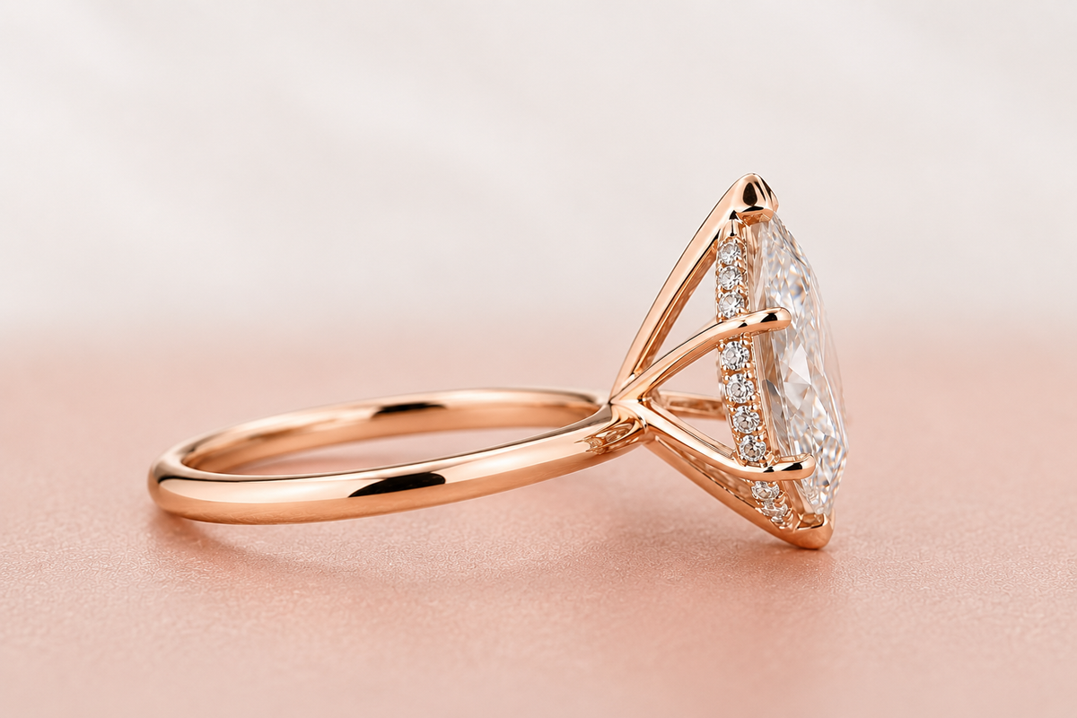 Dutch marquise diamond cathedral setting ring in rose gold