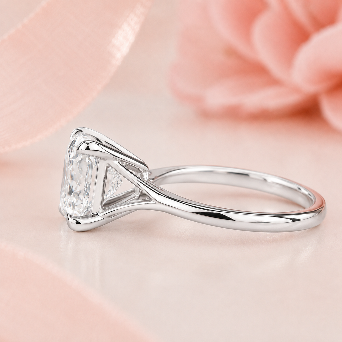Elongated cushion cut lab grown diamond solitaire engagement ring in white gold