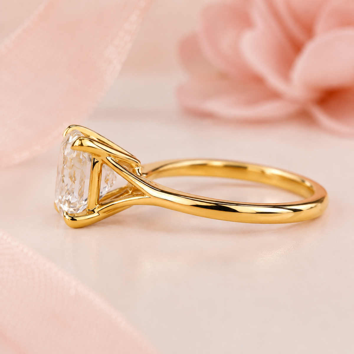 Elongated cushion cut lab grown diamond solitaire engagement ring in yellow gold