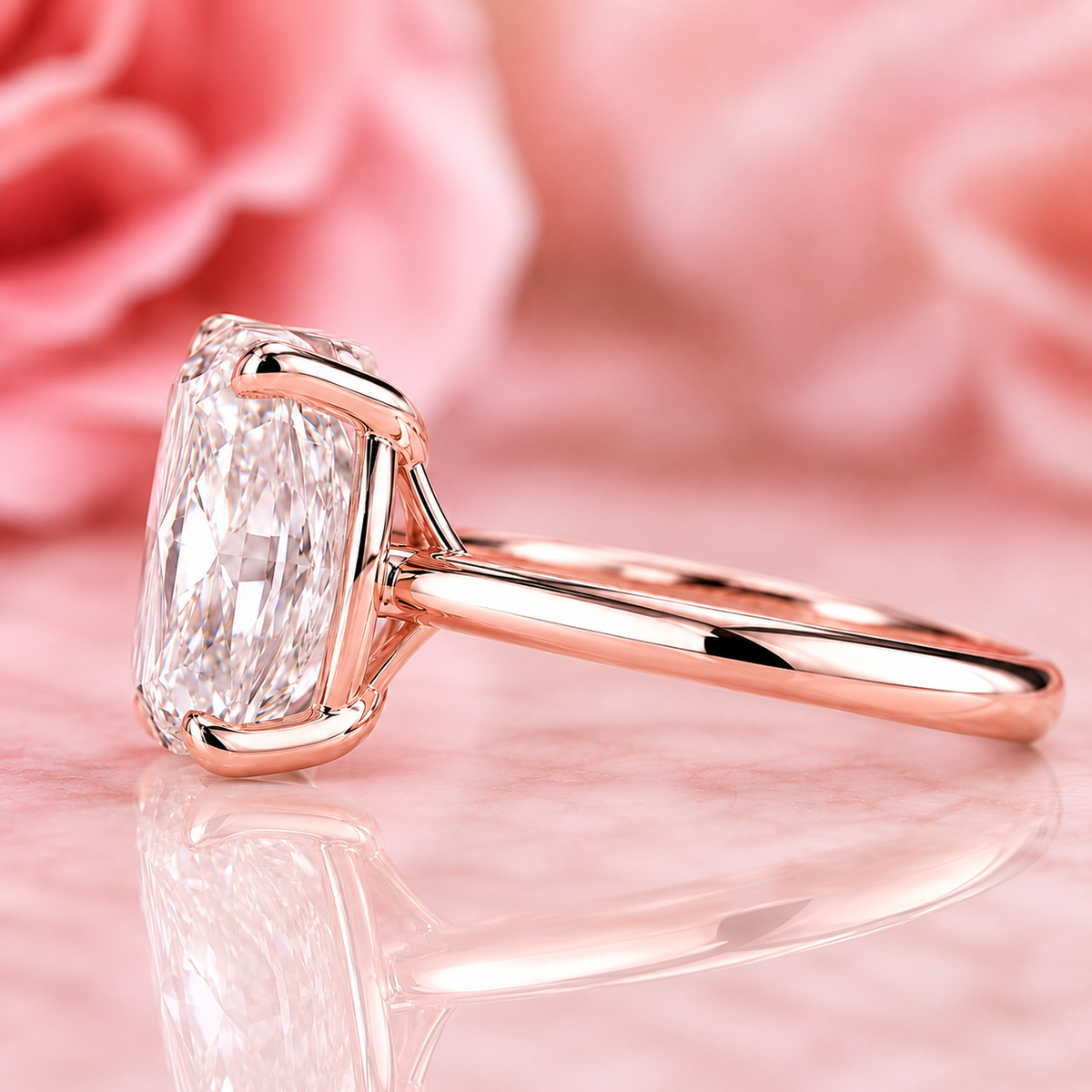 Elongated cushion cut solitaire engagement ring in lab created diamond in rose gold