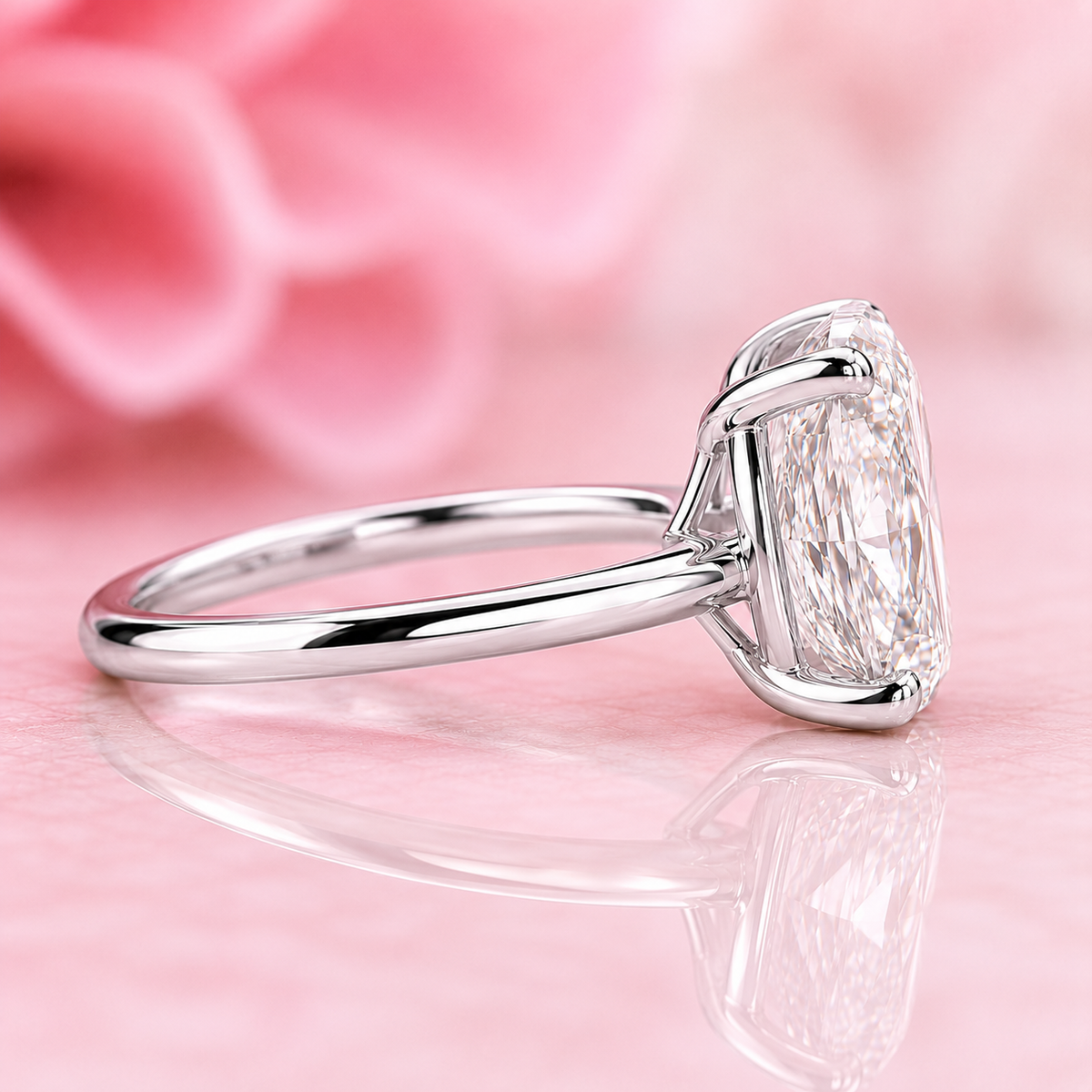 Elongated cushion cut solitaire engagement ring in lab created diamond in 925 sterling silver