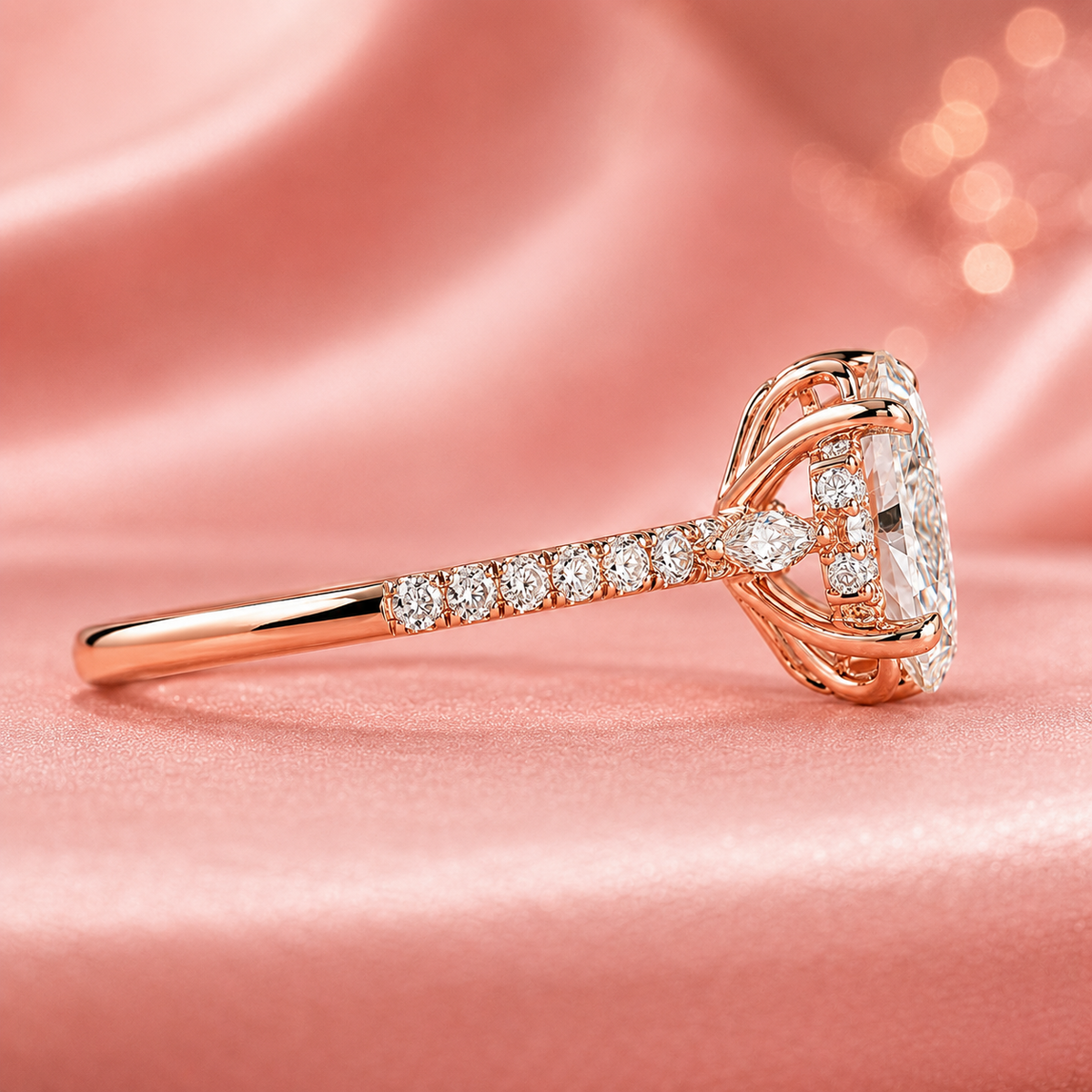 Marquise cut diamond ring in muse setting in rose gold