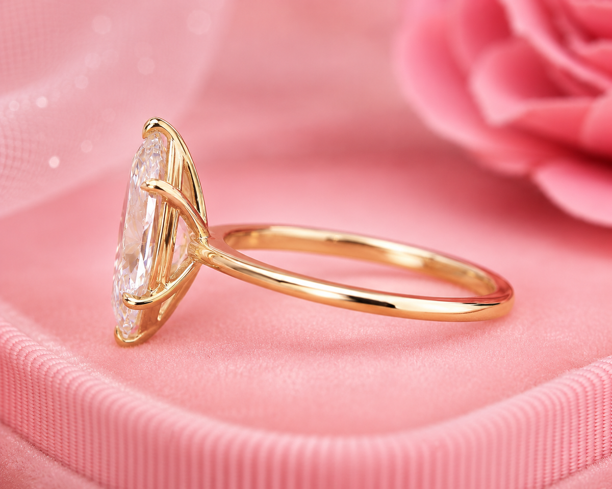 Marquise solitaire lab grown diamond ring in yellow gold