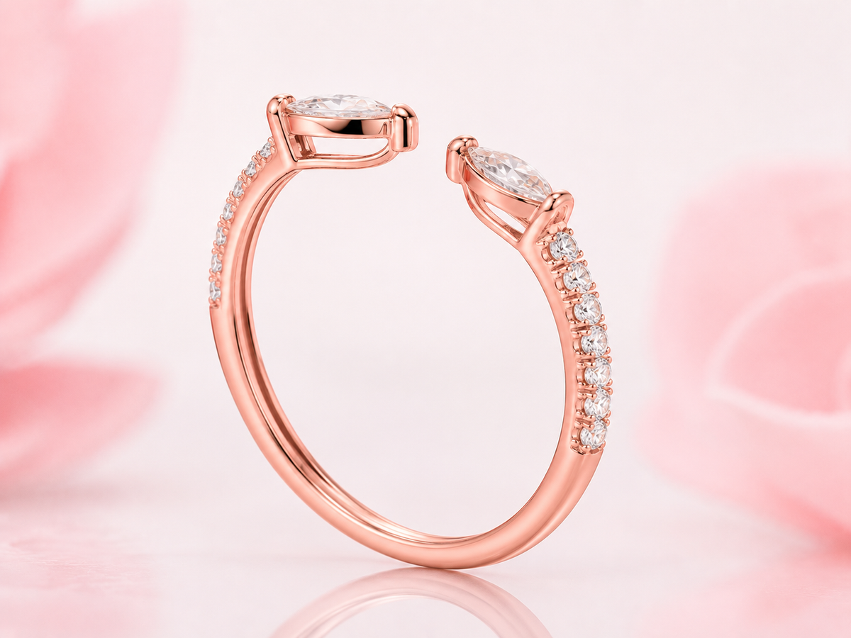 Open gap marquise and round lab grown diamond wedding band in rose gold