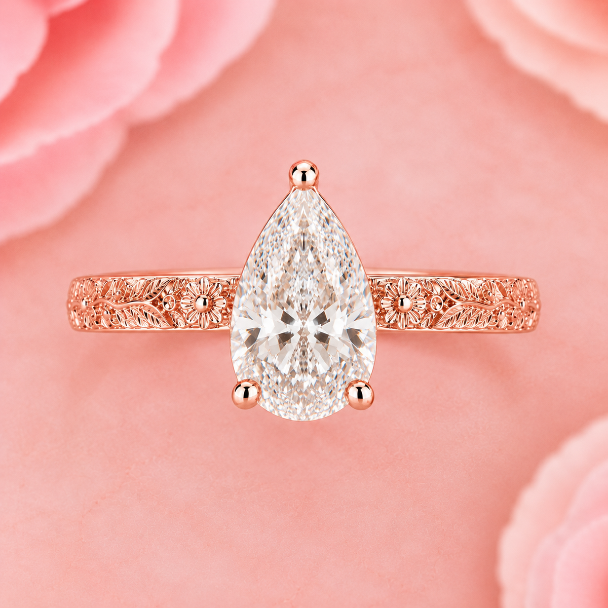 Pear shaped lab grown diamond engagement ring for women in rose gold