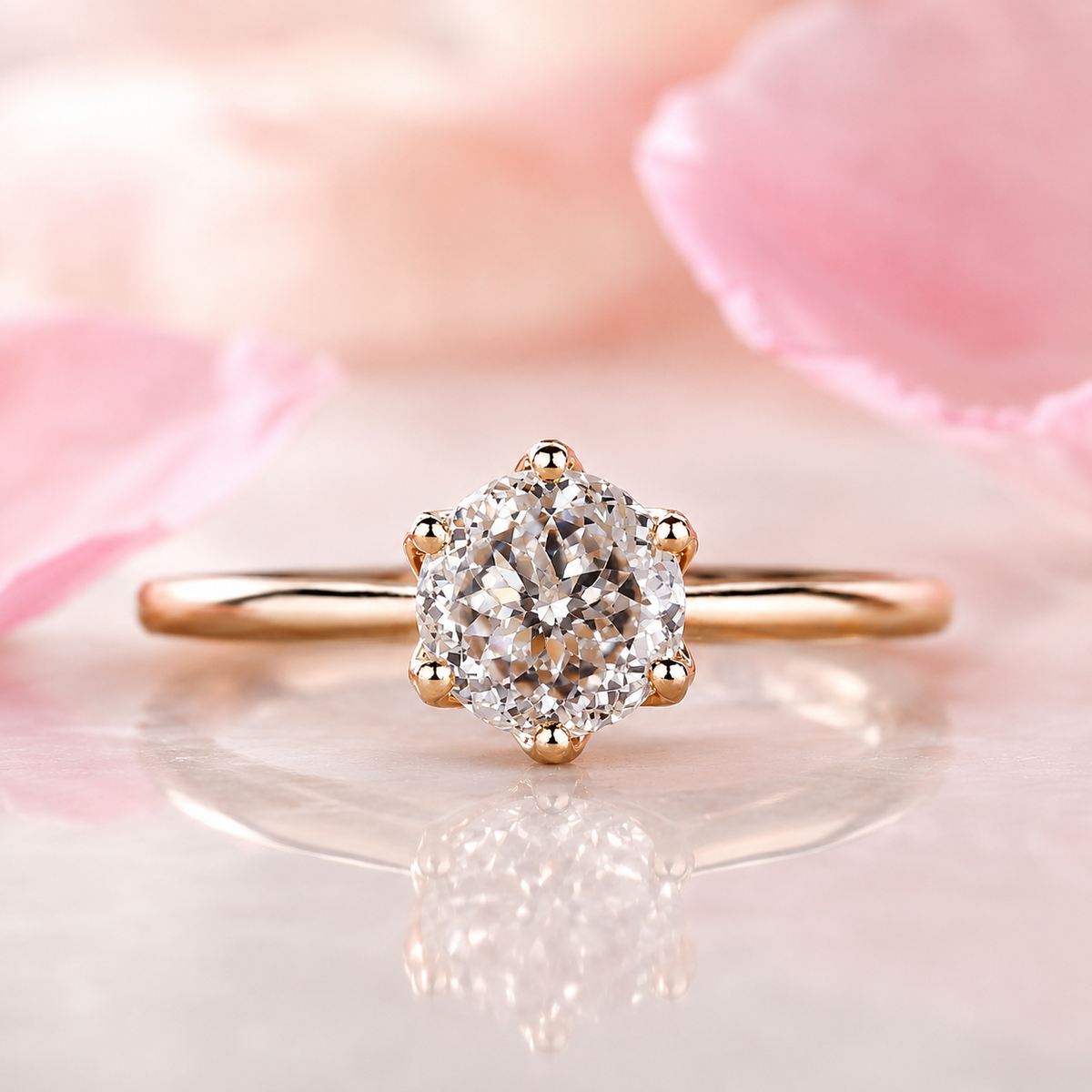 Portuguese cut diamond ring in cathedral setting in yellow gold