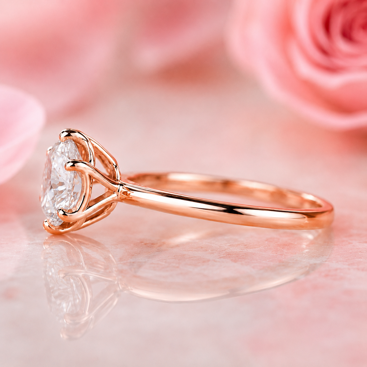 Portuguese cut diamond ring in cathedral setting in rose gold