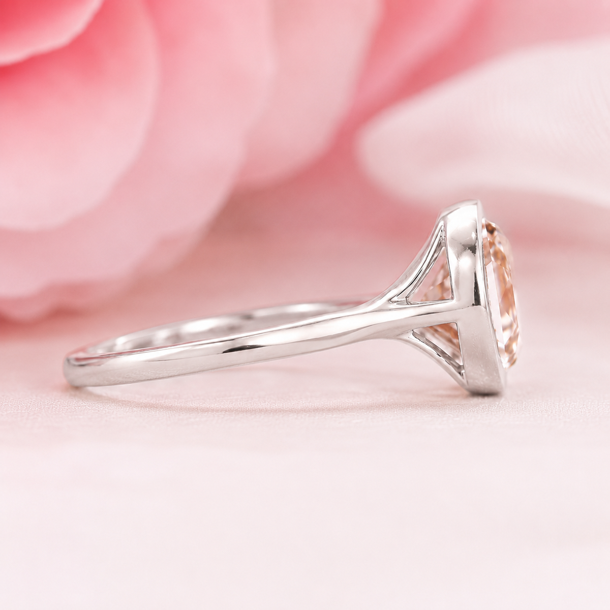 Rose cut engagement ring in bezel setting in white gold