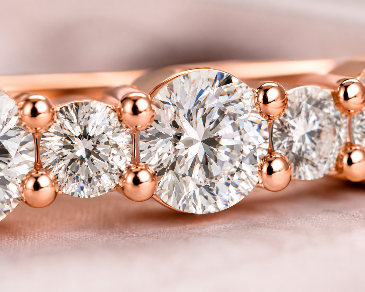 Round brilliant cut diamond floating bubble wedding band in rose gold