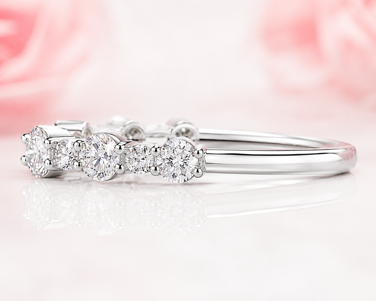 Round brilliant cut diamond floating bubble wedding band in white gold