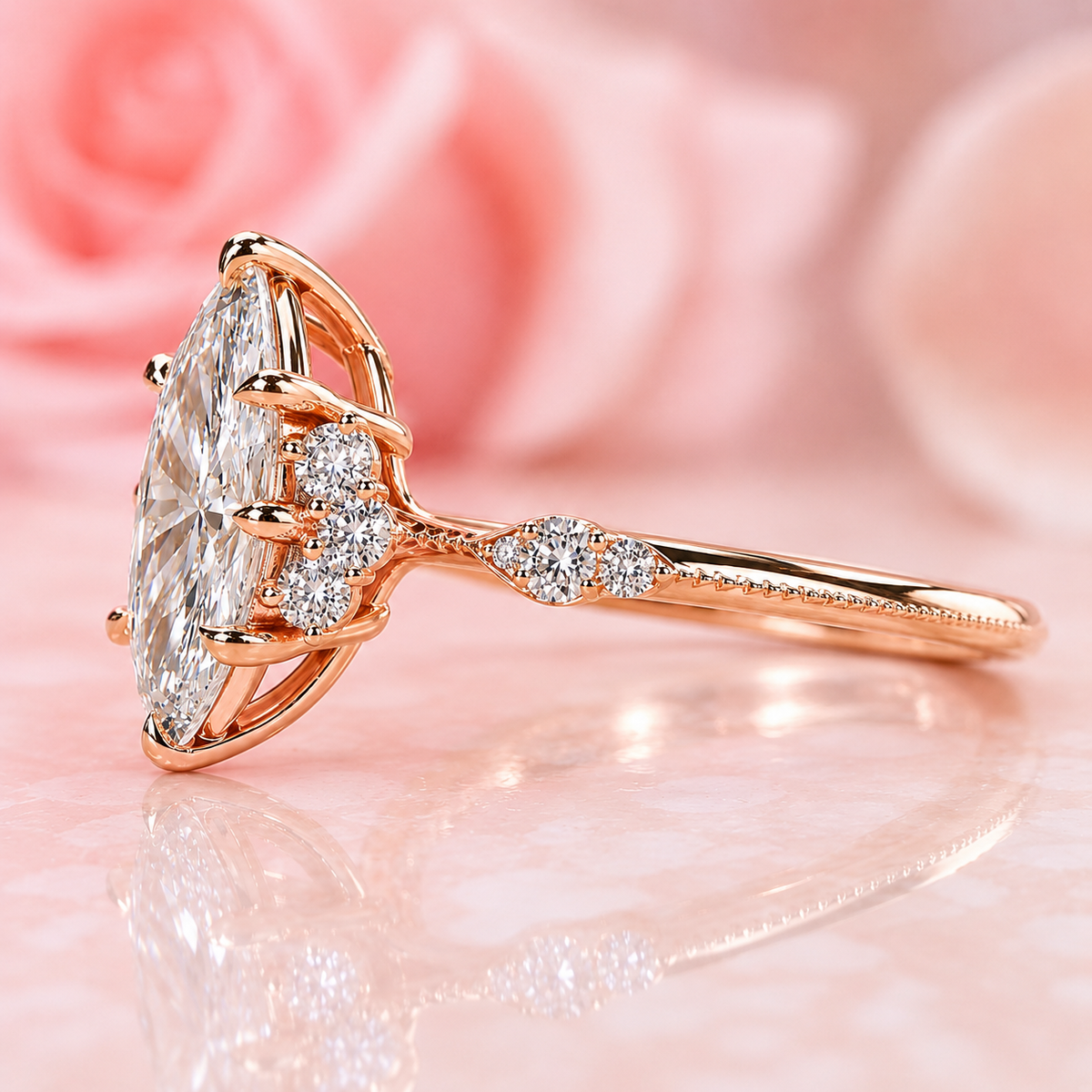 Vintage engagement ring with marquise cut diamond in rose gold