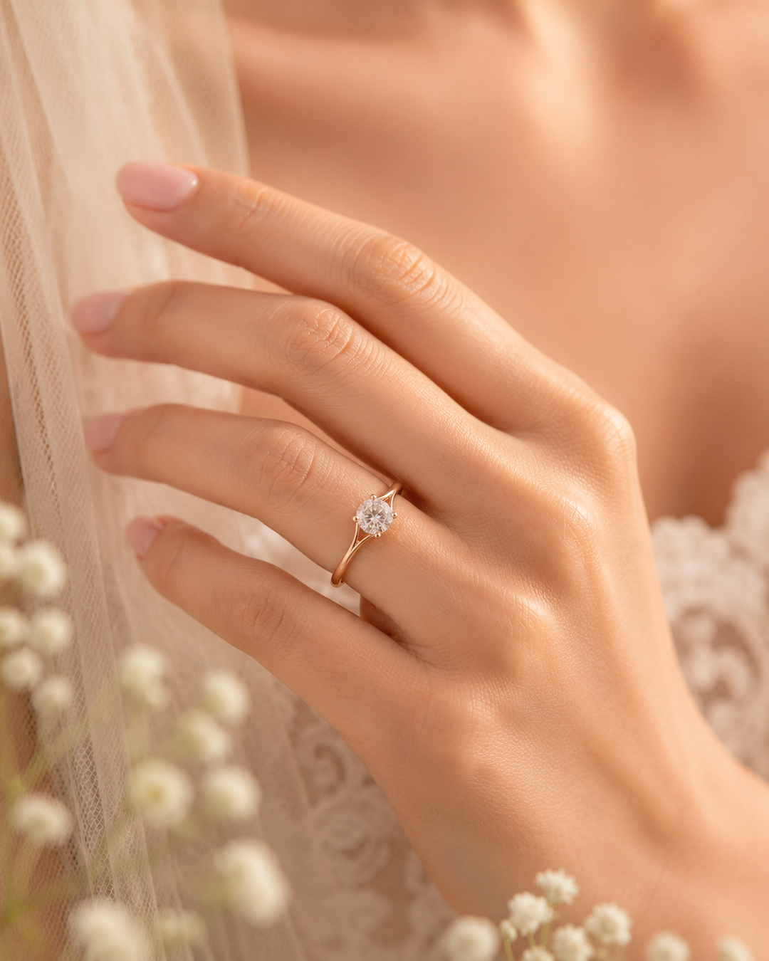 Round Rose Cut Lab Created Diamond Engagement Ring in Rose Gold