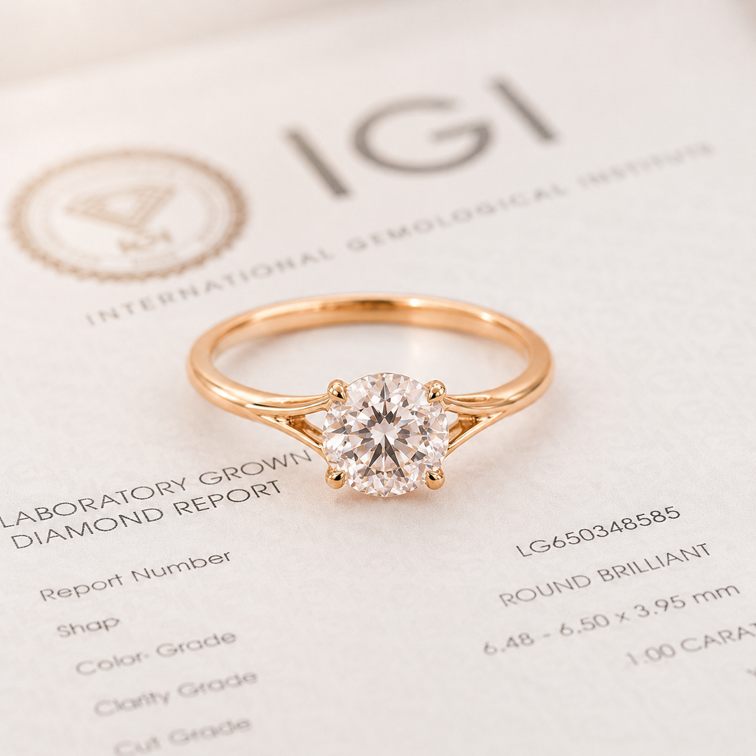 Round Rose Cut Lab Created Diamond Engagement Ring in Rose Gold