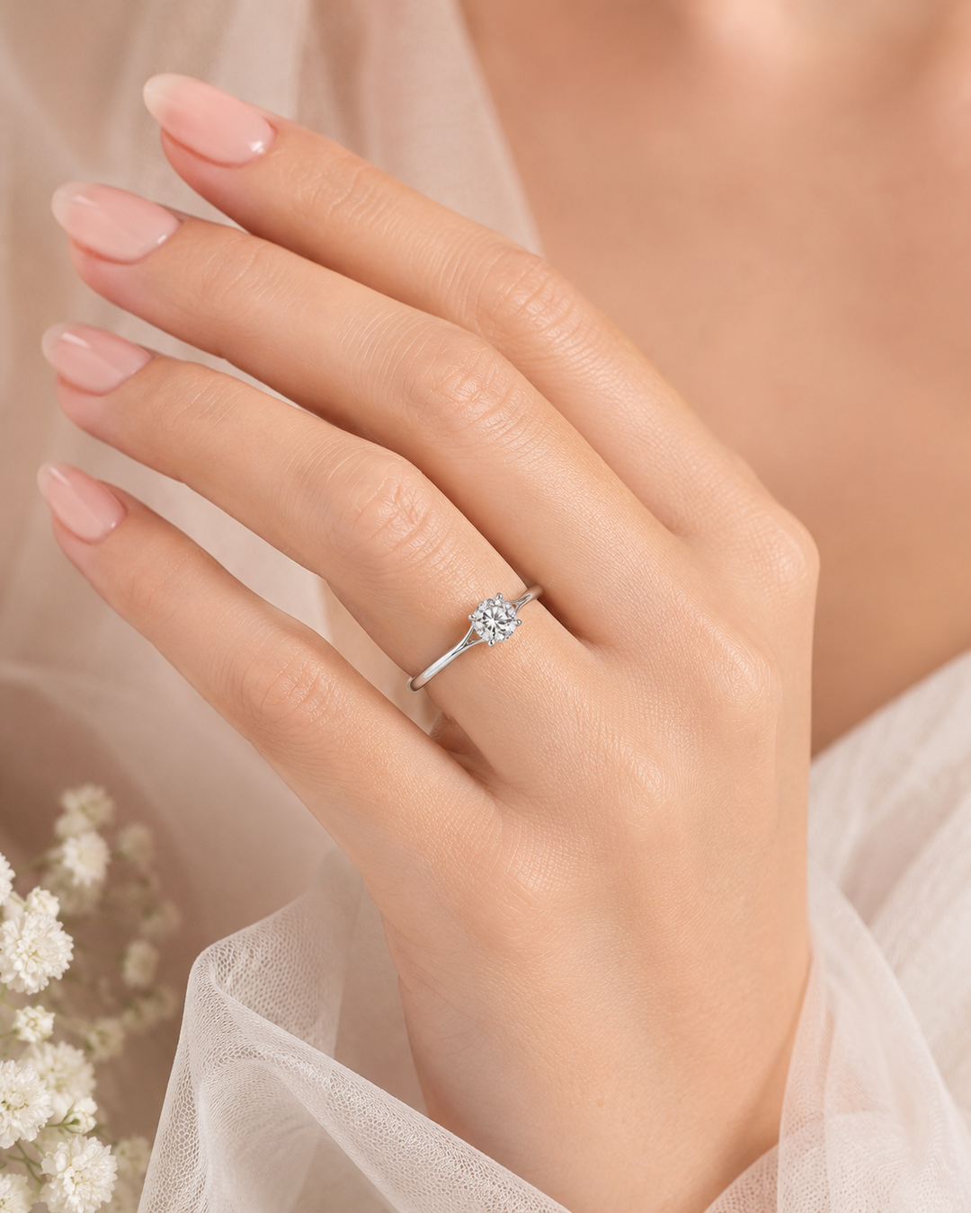 Round Rose Cut Lab Created Diamond Engagement Ring in White Gold