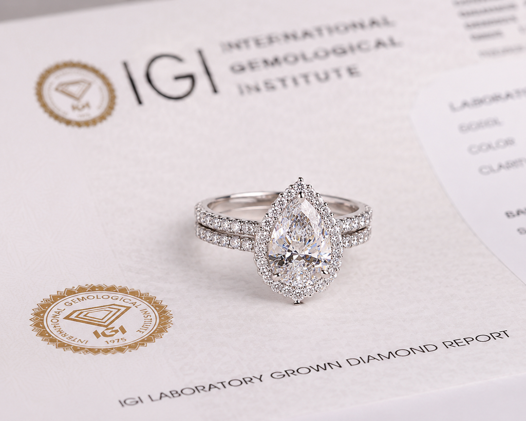 2.25 TW Pear Cut Lab Grown Diamond Engagement Ring with Matching Band