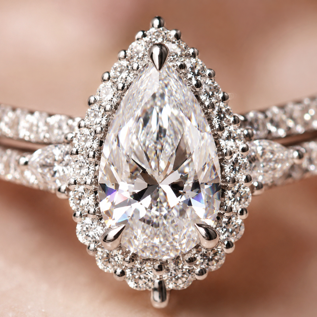 2.25 TW Pear Cut Lab Grown Diamond Engagement Ring with Matching Band