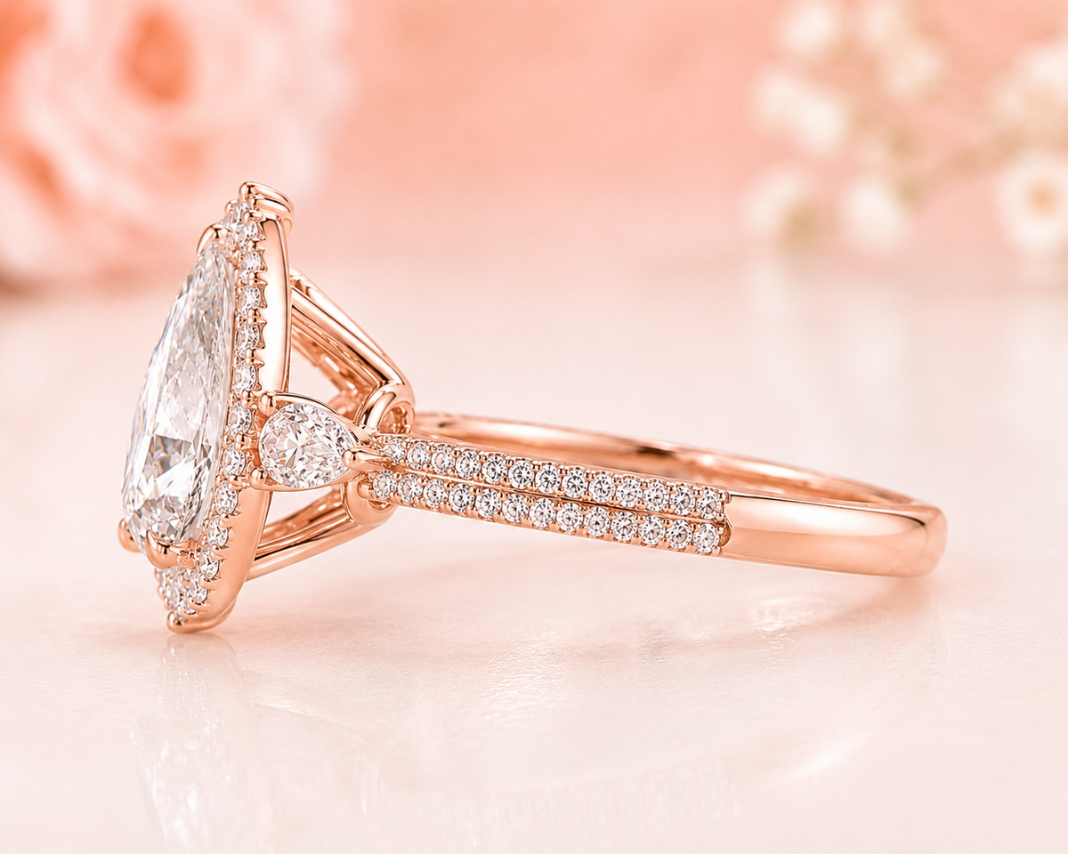 Pear lab grown diamond bridal set in rose gold | lab grown diamond