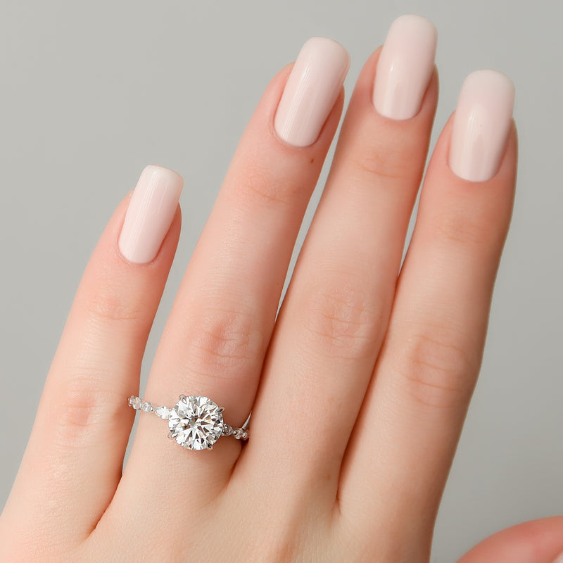 Round Cut Solitaire Diamond Engagement Ring with Side Accents in White Gold | Custom Lab-Grown Diamond Ring