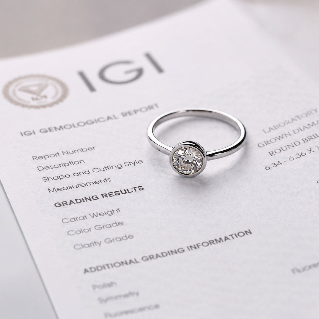 Bezel Set Round Lab Grown Diamond Solitaire Engagement Ring in White Gold