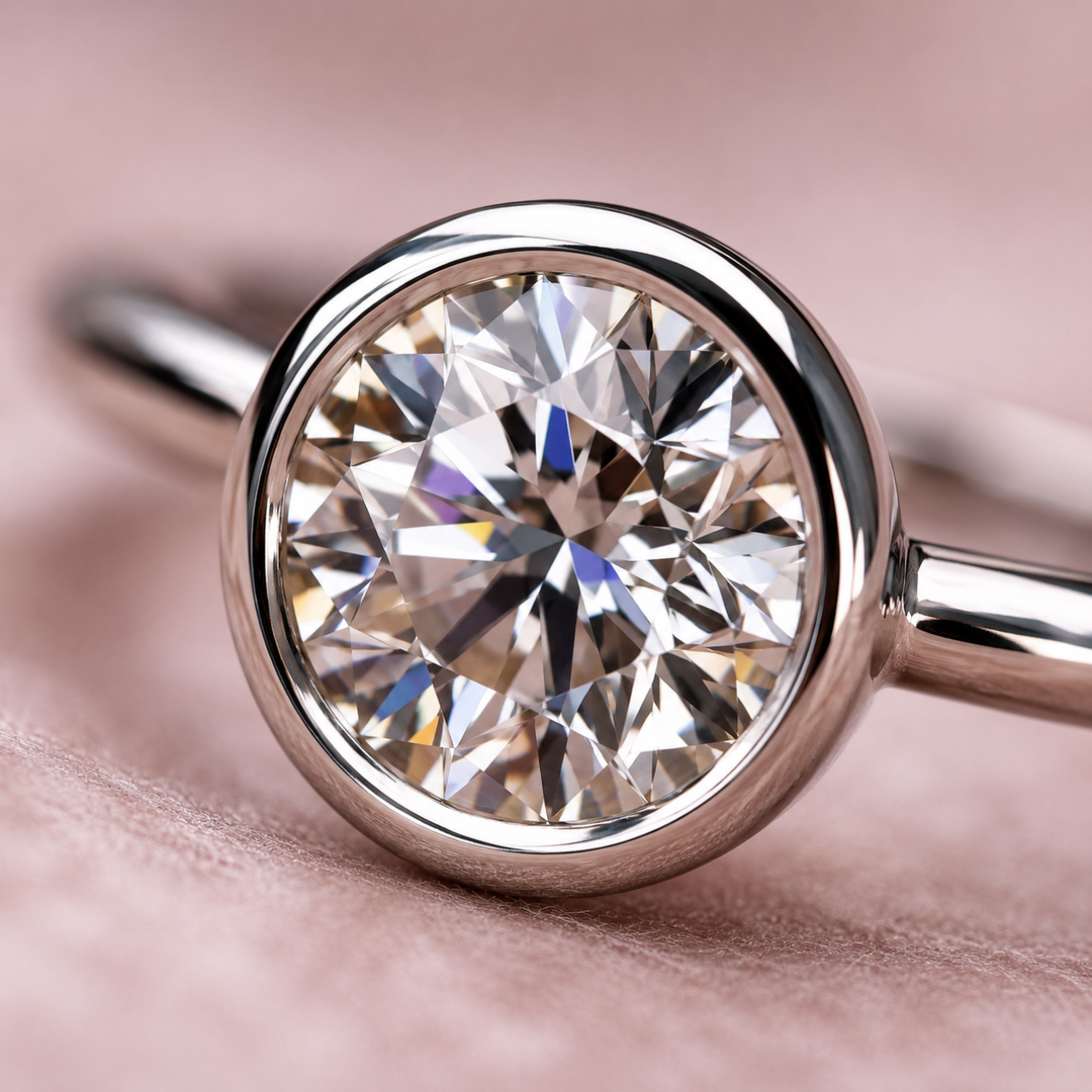 Bezel Set Round Lab Grown Diamond Solitaire Engagement Ring in 925 Sterling Silver