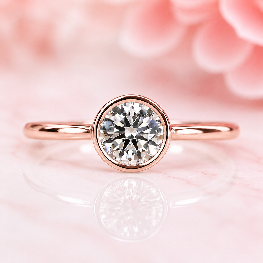 Bezel Set Round Lab Grown Diamond Solitaire Engagement Ring in Rose Gold