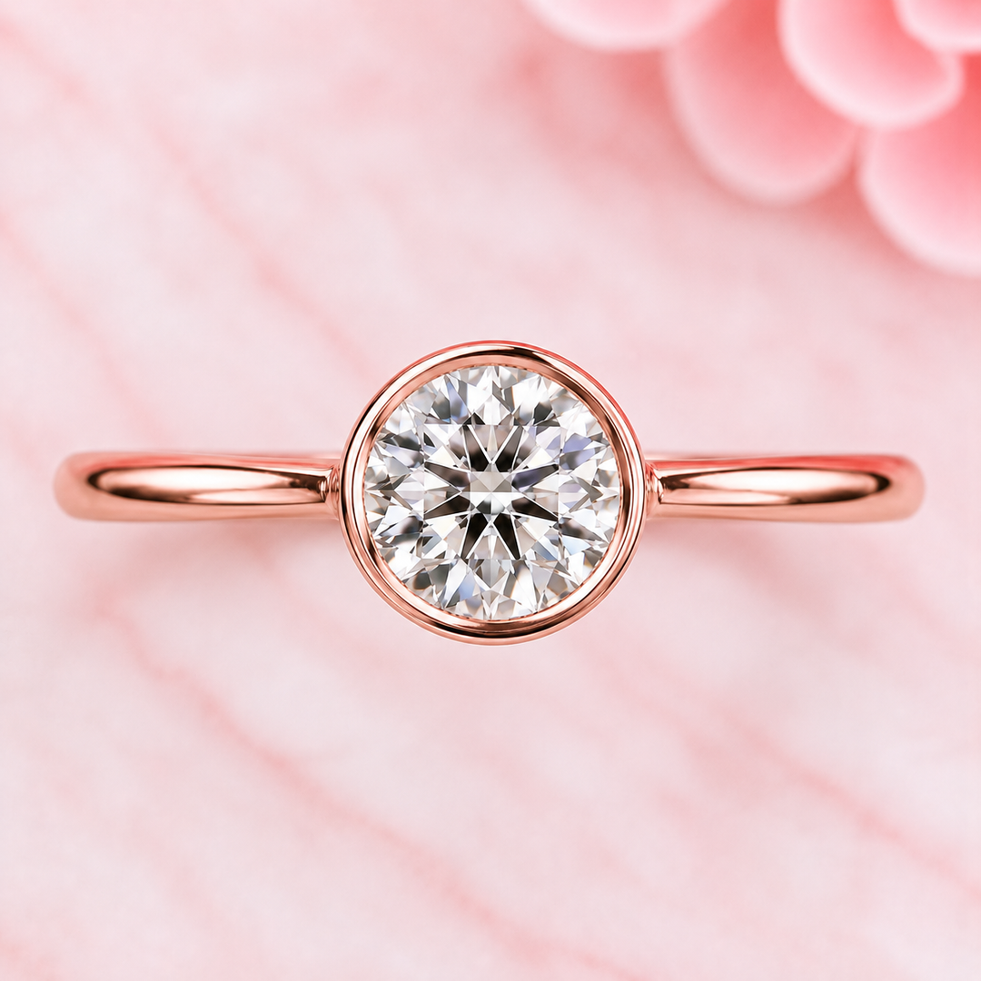 Bezel Set Round Lab Grown Diamond Solitaire Engagement Ring in Rose Gold