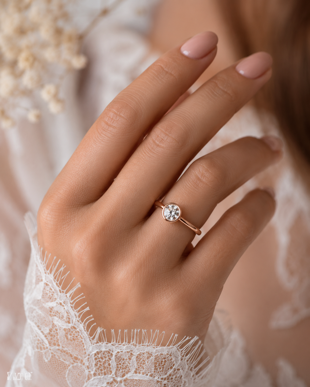 Bezel Set Round Lab Grown Diamond Solitaire Engagement Ring in Rose Gold