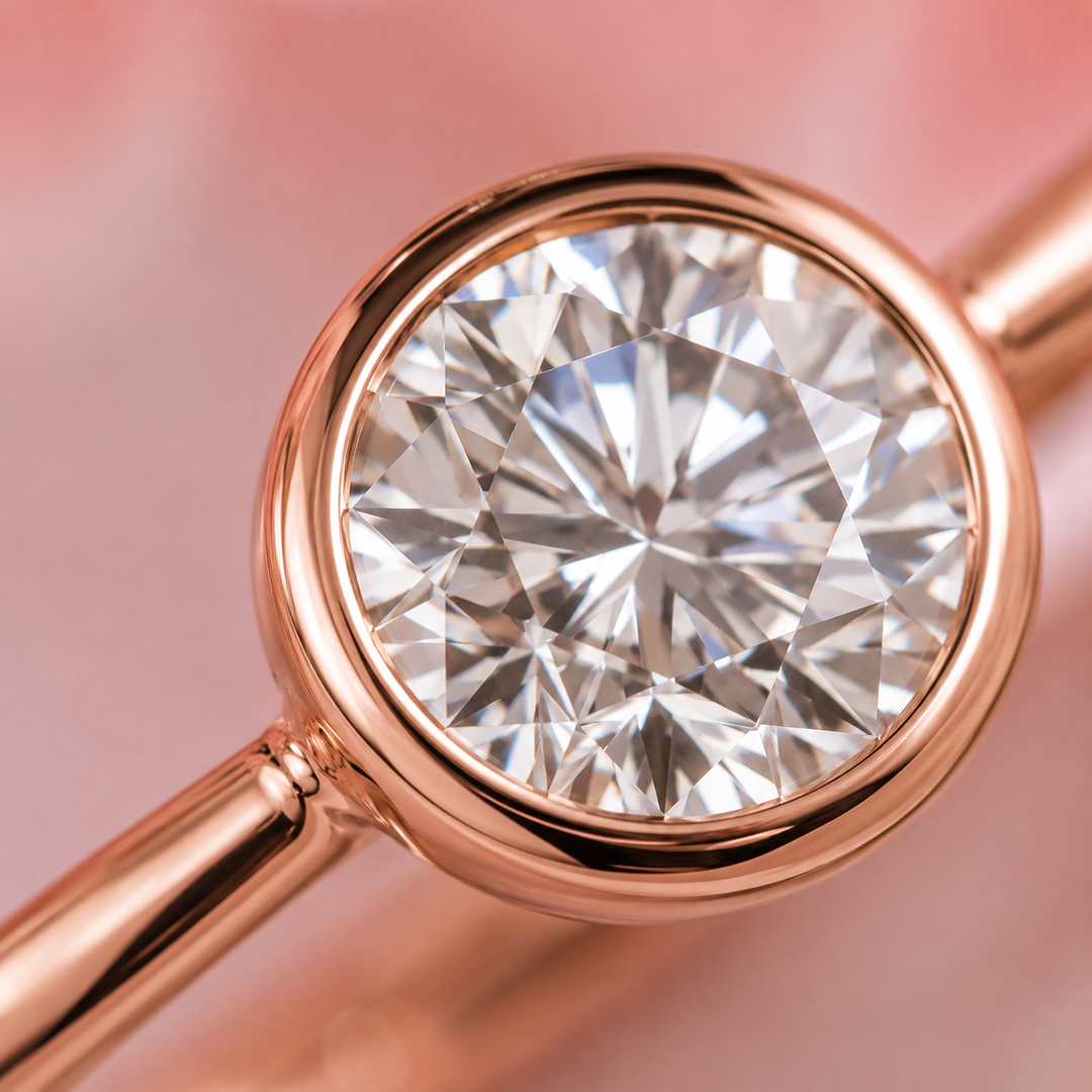 Bezel Set Round Lab Grown Diamond Solitaire Engagement Ring in Rose Gold