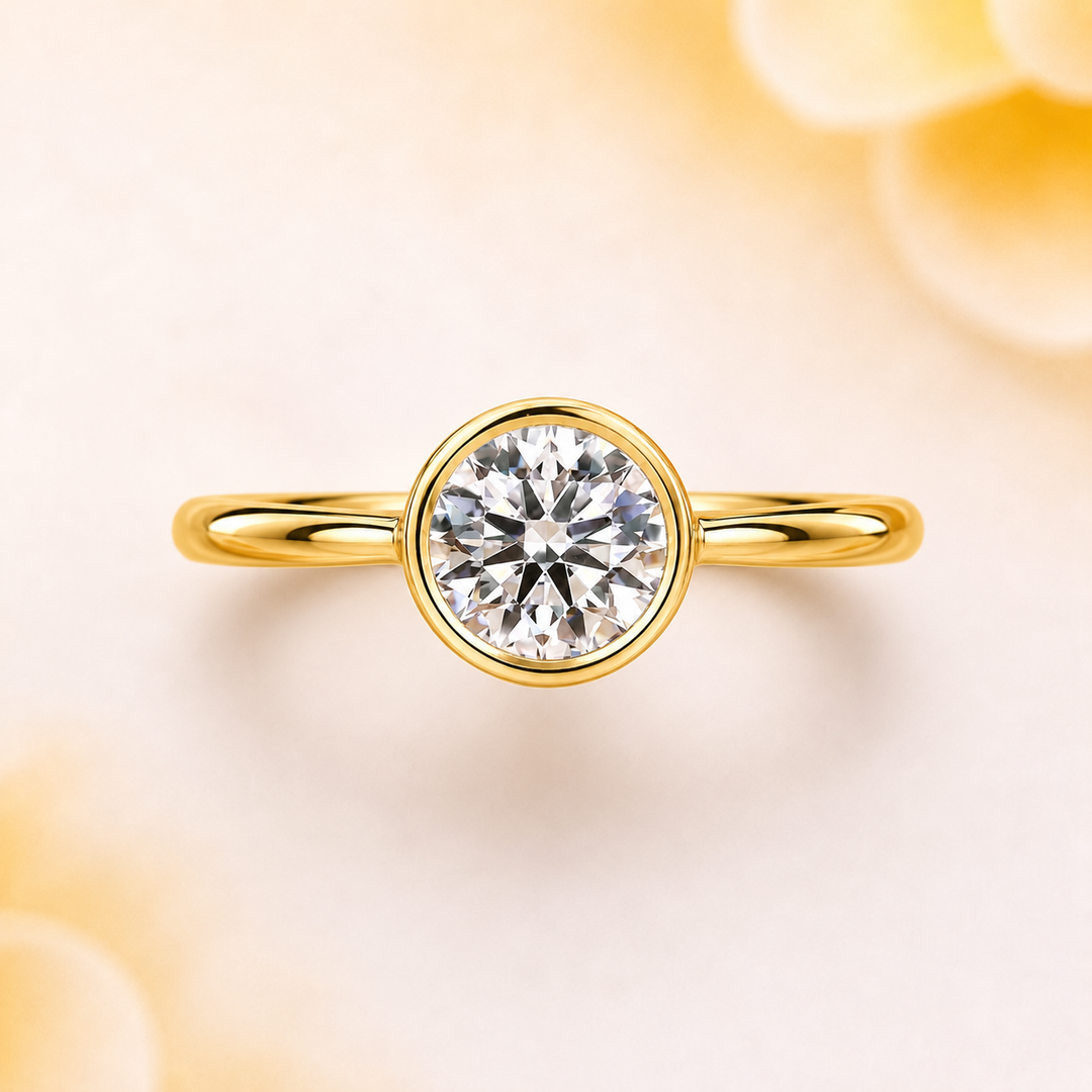 Bezel Set Round Lab Grown Diamond Solitaire Engagement Ring in Yellow Gold