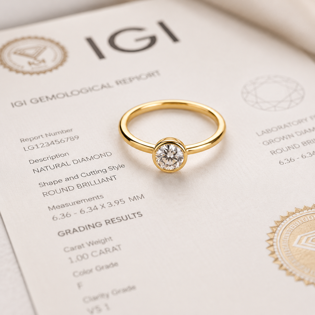 Bezel Set Round Lab Grown Diamond Solitaire Engagement Ring in Yellow Gold
