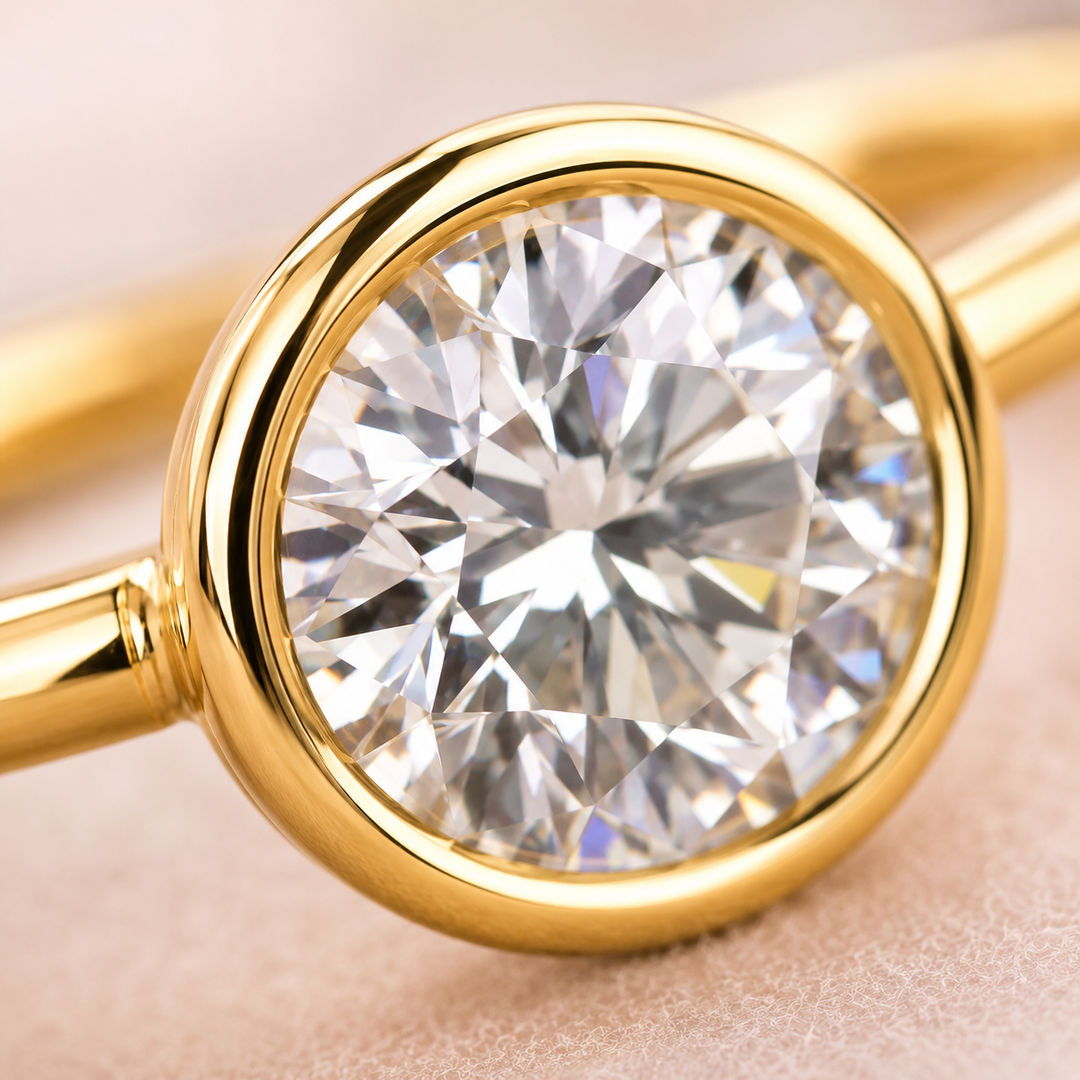 Bezel Set Round Lab Grown Diamond Solitaire Engagement Ring in Yellow Gold