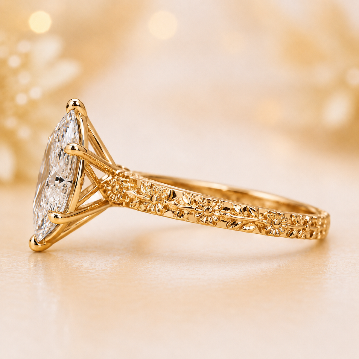 Dutch marquise cut art deco engagement ring in yellow gold