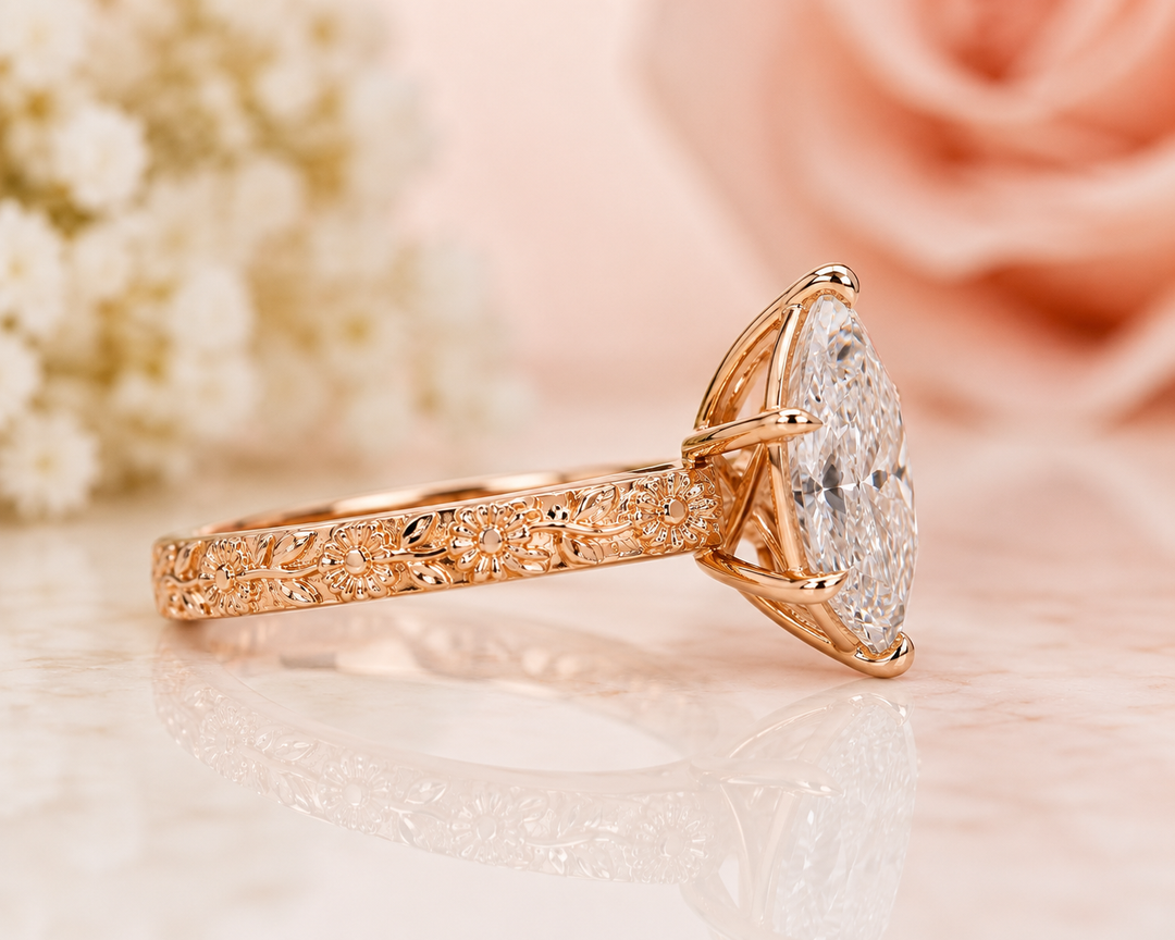 Dutch Marquise Cut Art Deco Engagement Ring in Rose Gold