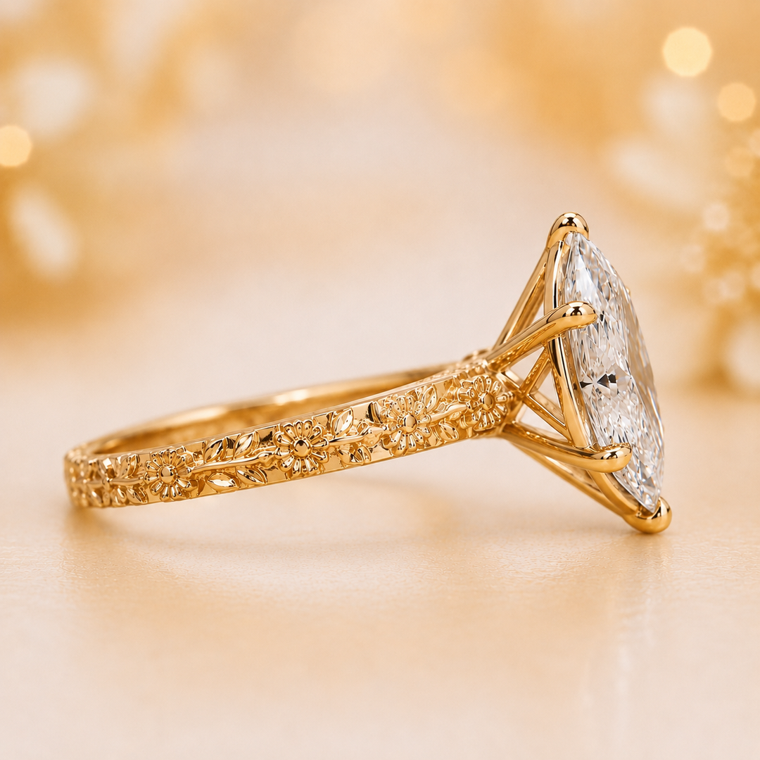 Dutch Marquise Cut Art Deco Engagement Ring in Yellow Gold