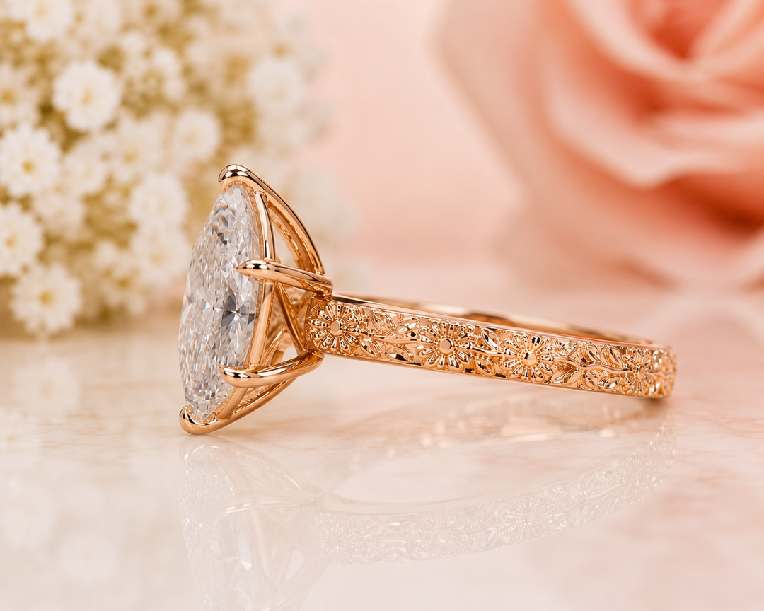 Dutch Marquise Cut Art Deco Engagement Ring in Rose Gold