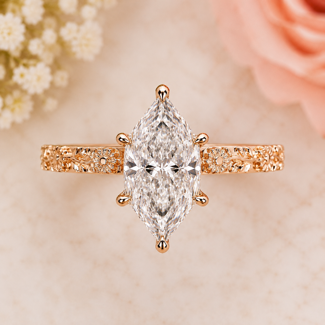 Dutch Marquise Cut Art Deco Engagement Ring in Rose Gold
