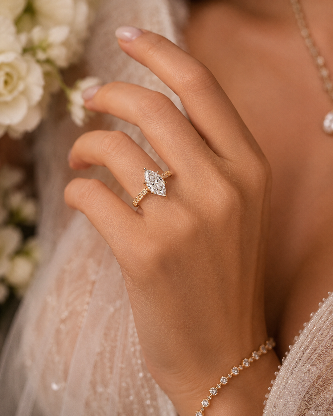 Dutch Marquise Cut Art Deco Engagement Ring in Rose Gold