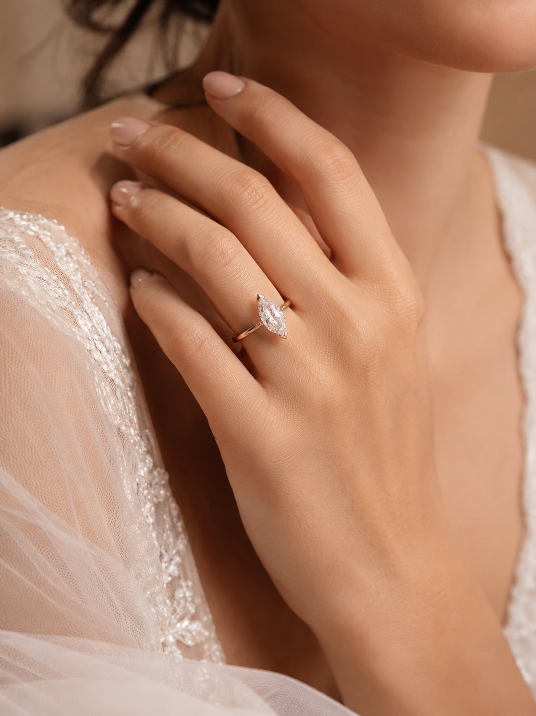 Dutch Marquise Cut Diamond Solitaire Engagement Ring in Rose Gold