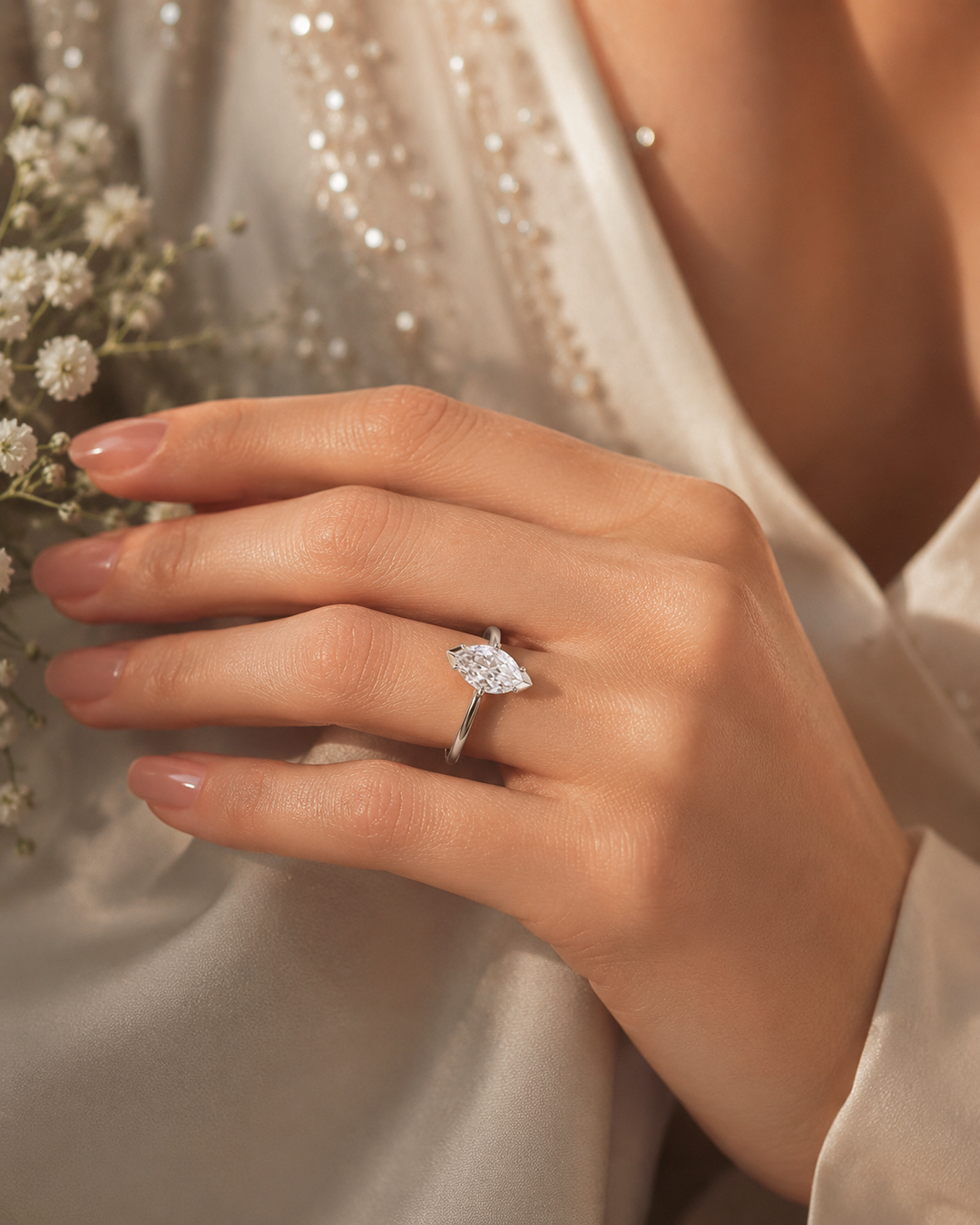 Dutch Marquise Cut Diamond Solitaire Engagement Ring in 925 Sterling Silver
