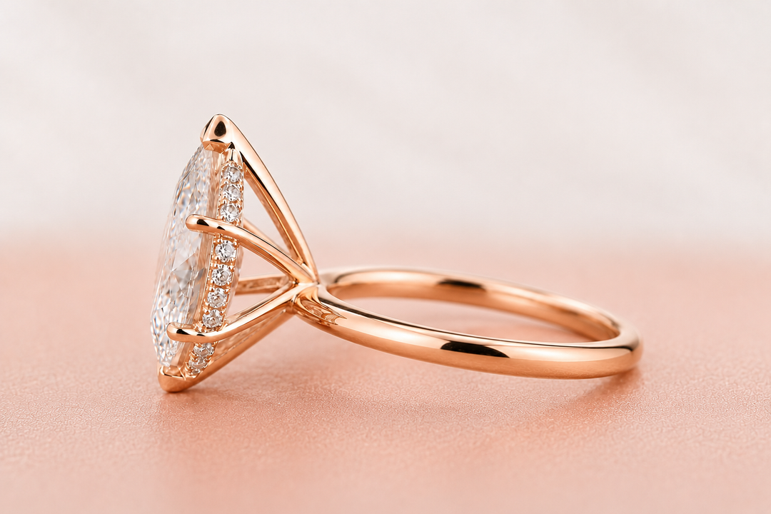 Dutch Marquise Diamond Cathedral Setting Ring in Rose Gold