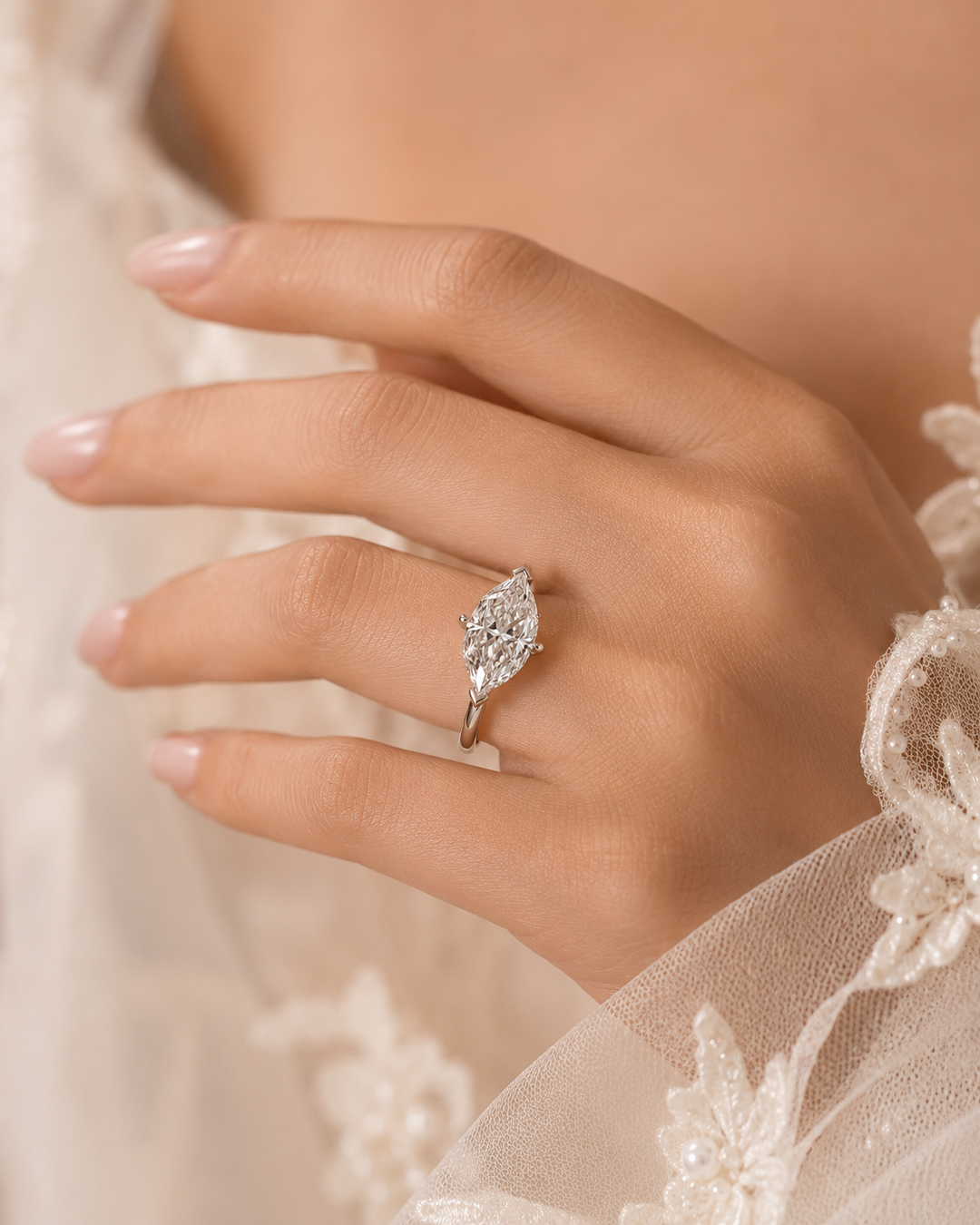 Dutch Marquise Diamond Cathedral Setting Ring in White Gold