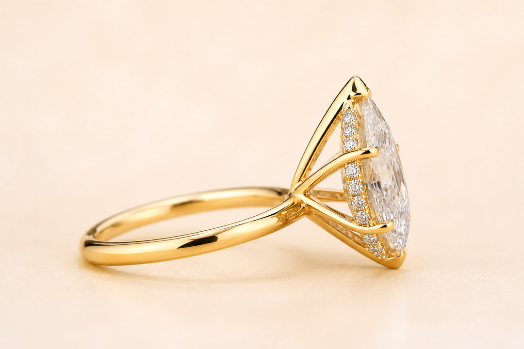 Dutch Marquise Diamond Cathedral Setting Ring in Yellow Gold