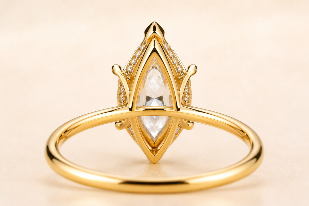 Dutch Marquise Diamond Cathedral Setting Ring in Yellow Gold