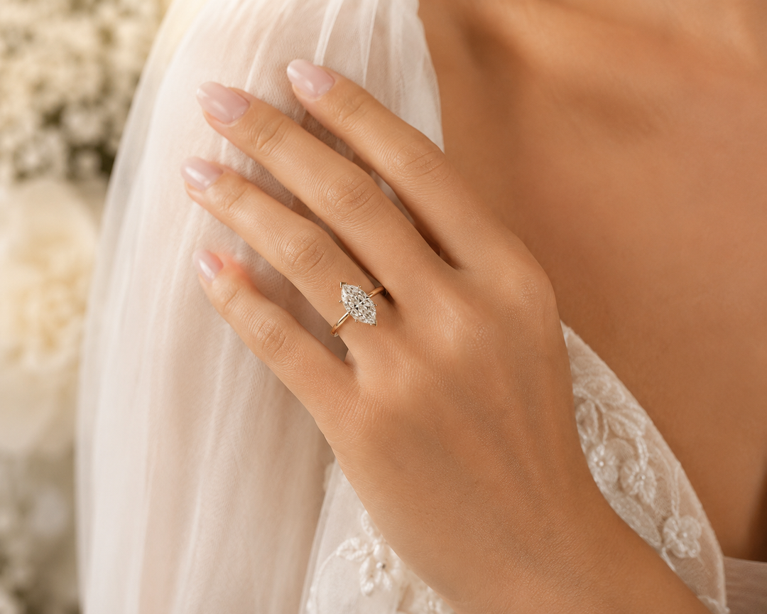 Dutch Marquise Diamond Cathedral Setting Ring in Yellow Gold