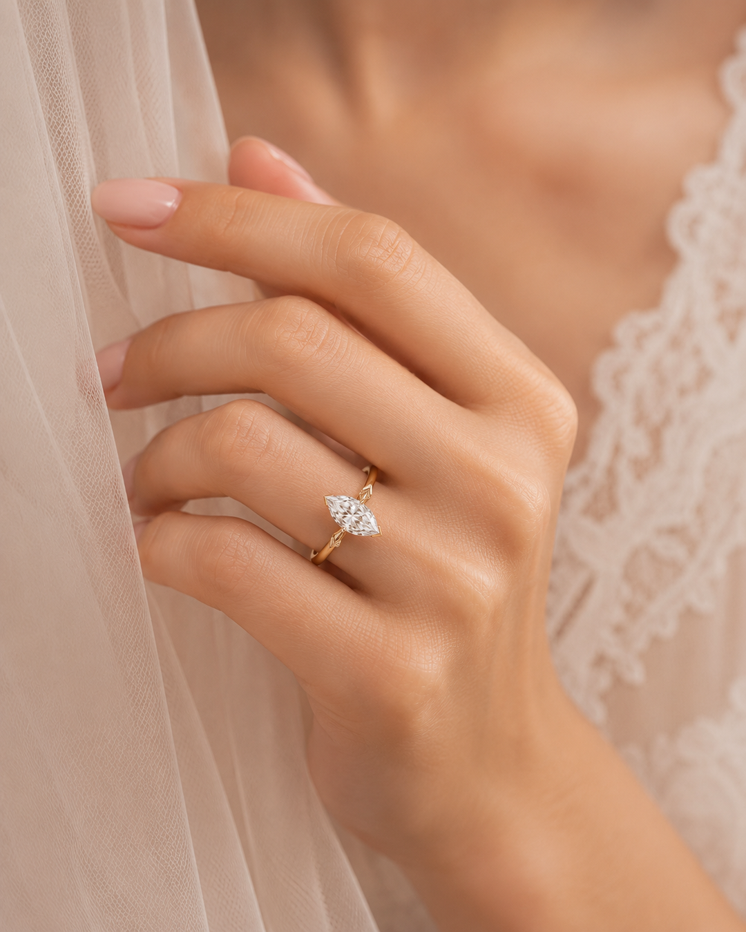 Dutch Marquise Engagement Ring in Hidden Halo Style in Rose Gold
