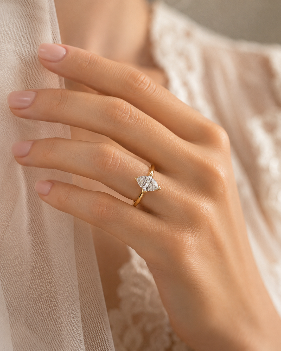 Dutch Marquise Engagement Ring in Hidden Halo Style in Yellow Gold
