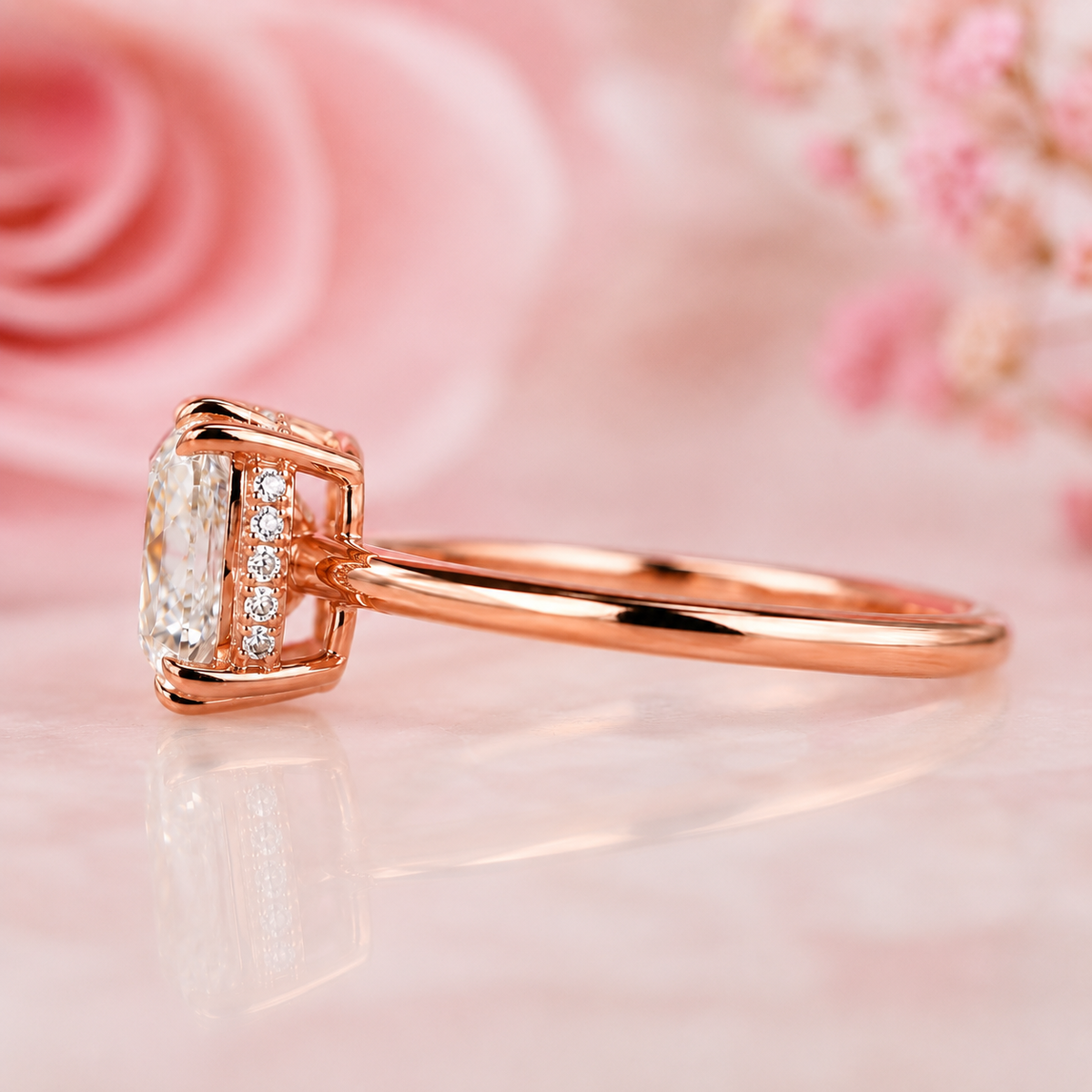 Elongated cushion cut east west engagement ring in rose gold