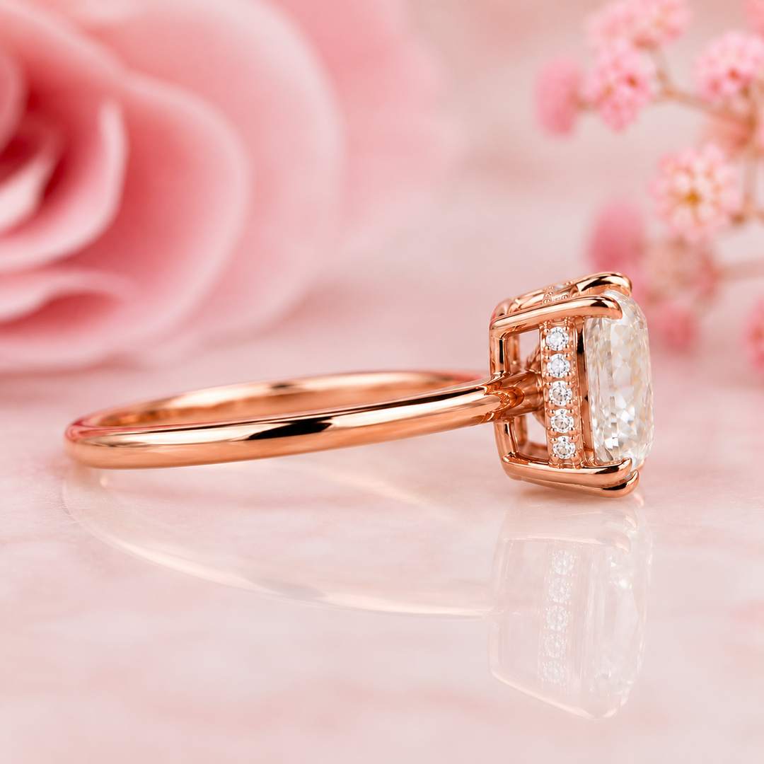 Elongated Cushion Cut East West Engagement Ring in Rose Gold