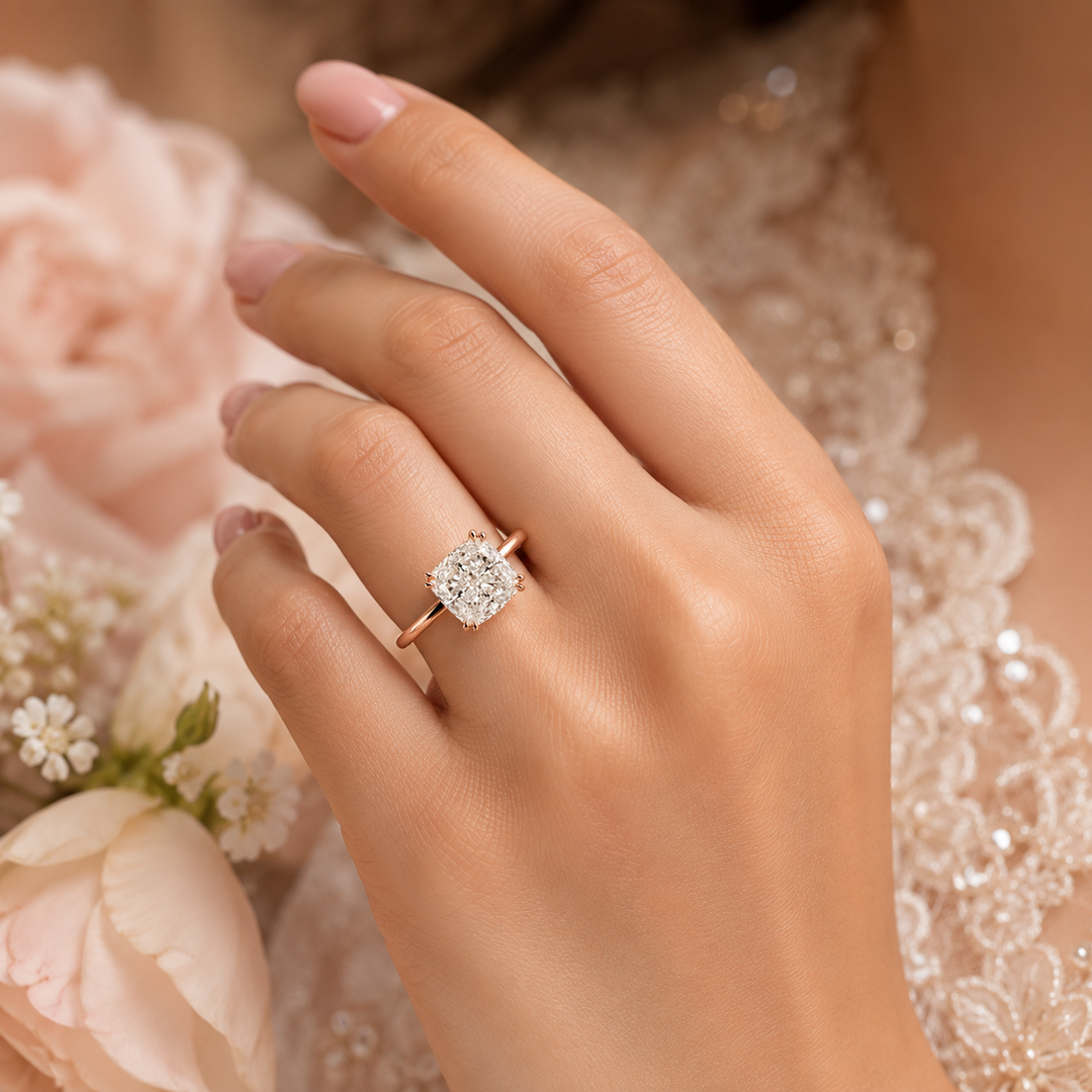 Elongated Cushion Cut East West Engagement Ring in Rose Gold