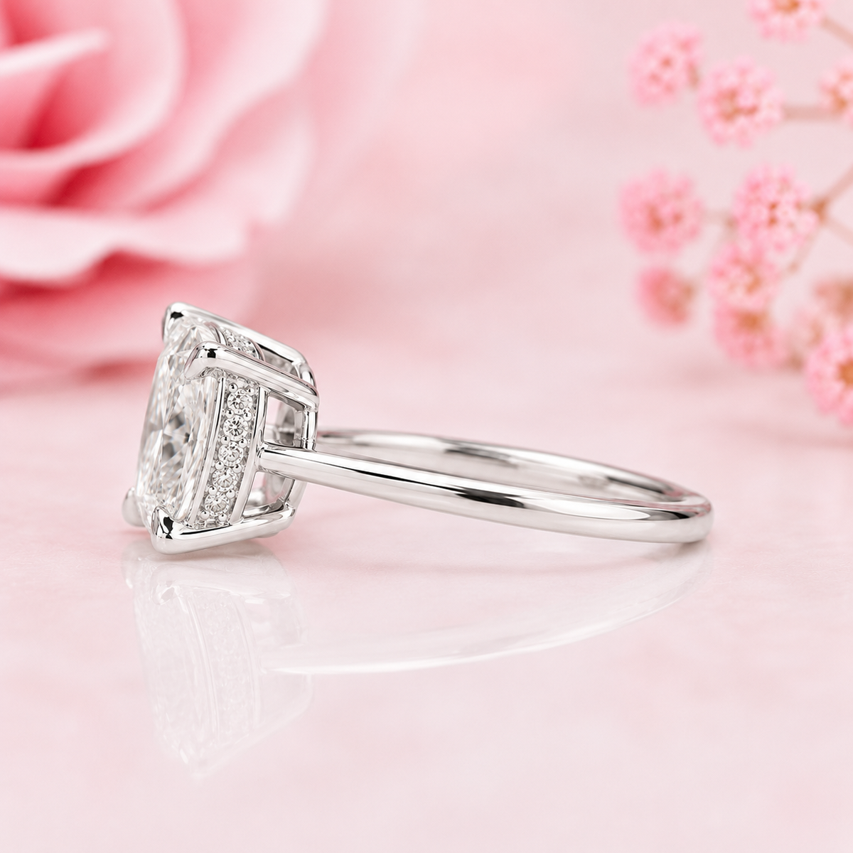 Elongated cushion cut east west engagement ring in 925 sterling silver